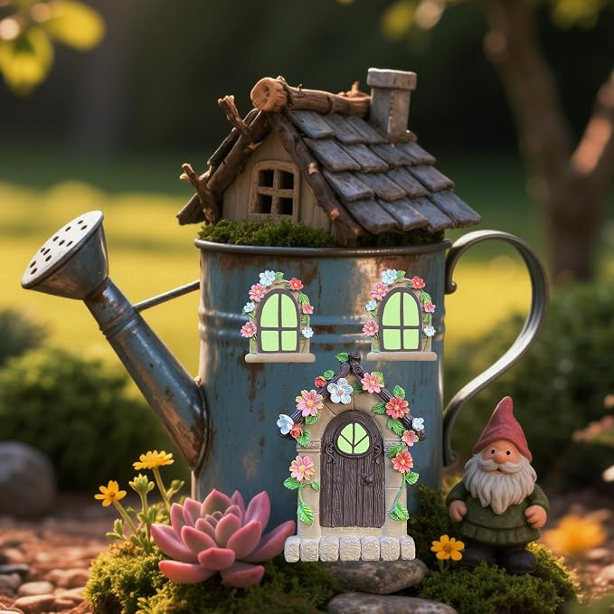 FESTGLOX Fairy Garden Door and Windows for Trees Outdoor, Glow in The Dark | Fairy Garden Door House Kit Miniature Accessories for Tree Trunk, Gnome, Outdoor Yard, Stump, Lawn