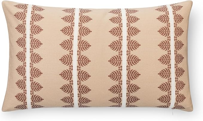 Crumbs Home Modern Farmhouse California Casual Indoor Outdoor Lumbar Pillow Cover, 12"x20" Water Repellent for Patio, Backyard, Couch, Poolside, Earth Tone Cocoa Brown Tan Print Leaves Stripes