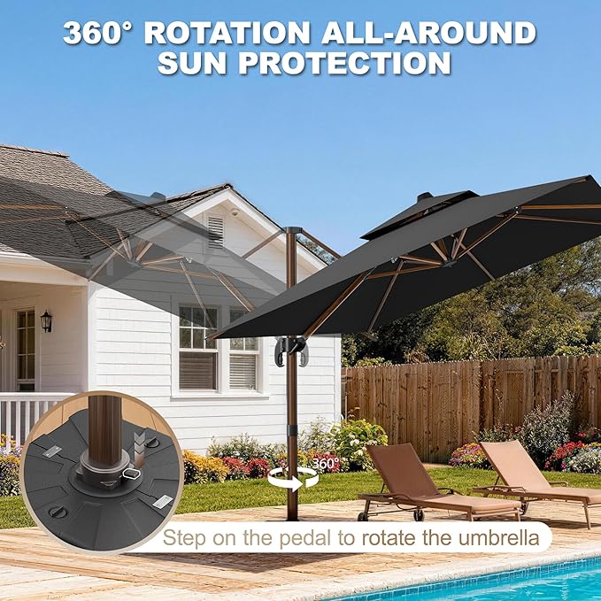10x13FT Cantilever Outdoor Patio Umbrellas, Double Top Wood Pattern Rectangle Umbrella, Heavy Duty 360°Rotation Offset Umbrella for Garden Deck Pool Patio, Black