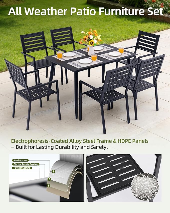 10-Piece Outdoor Dining Set - Two 47.25" HDPE Patio Tables and 8 Stackable Armrest Chairs - All-Weather Rust-Proof Steel Frame for Garden, Deck(Black)