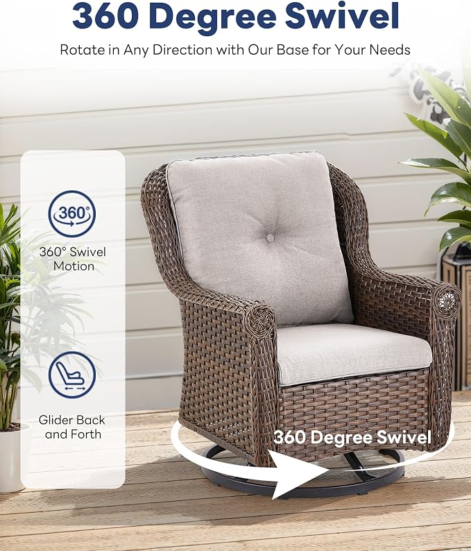 6 Pieces Wicker Patio Conversation Sets-Swivel Patio Chairs with Outdoor Sofa Outdoor Patio Furniture Set for Patio Deck Porch Garden Backyard-Brown/Beige