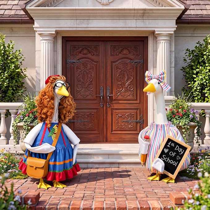 Back to School Porch Goose Outfit Teacher Classroom Goose Costume with Pencil Chalkboard Bow Hair Band for 23" Gooses Statue First Day of School Patio Yard Garden Lawn Outdoor Decor, 2 Style