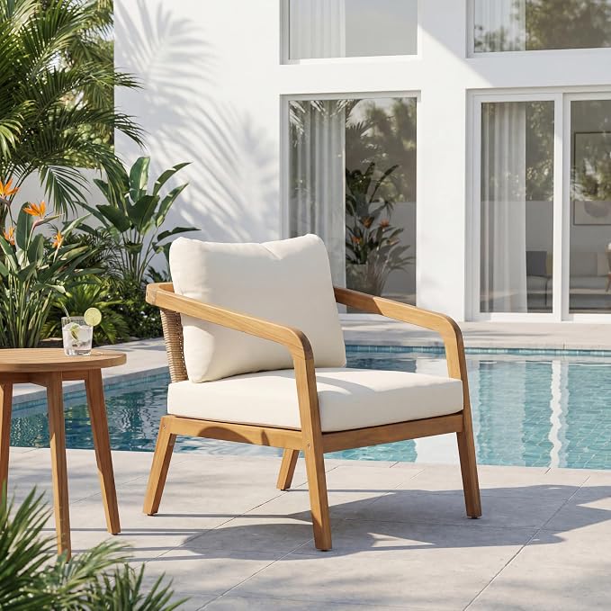 Merax Acacia Wood Outdoor Patio Club Chair with PE Wicker Backrest & Cushions– Modern Accent Armchair for Balcony, Poolside, and Sunroom