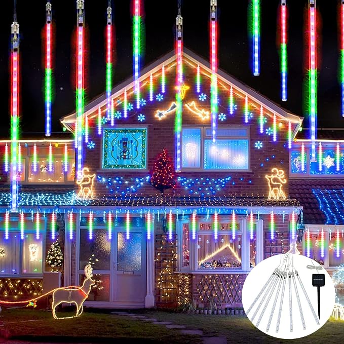 JMEXSUSS Multicolor Solar Meteor Shower Rain Lights, 8 Tube 144 LEDs | Solar Christmas Lights, Led Falling Rain Christmas Light for Xmas Tree Wedding Holiday Party Patio Decoration