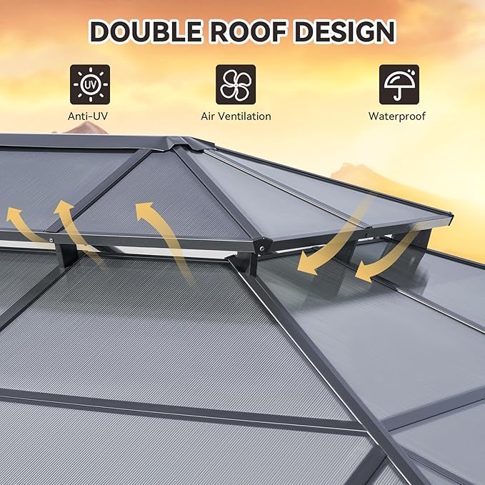 Aoxun 12'x16' Hardtop Gazebo, Outdoor Metal Gazebo with Double Polycarbonate Roof Canopy, Permanent Pavilion with Netting and Curtains for Lawn, Garden, Patio (Gray)