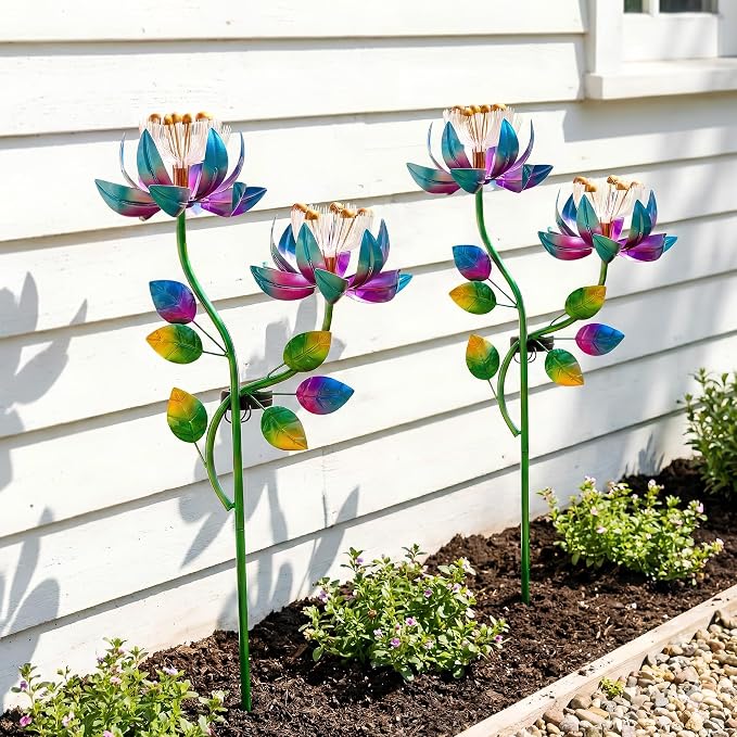 Solar Wind Spinner Outdoor Metal Garden Decor – 2-in-1 Kinetic Double Lotus Flower Stake with Glowing Fiber Optic Lights, Multi-Color Spinning Yard Art Sculpture for Patio, Lawn, and Pathway