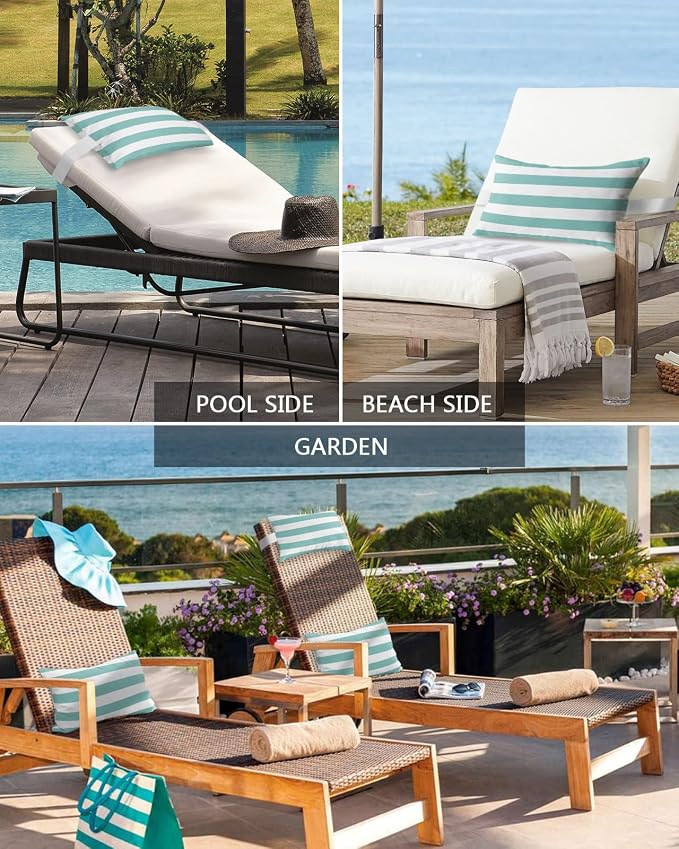 T&H XHome Outdoor Pillow for Chaise Lounge Chair, Teal Geometric Stripes Waterproof Headrest Pillow Lumbar Pillows with Adjustable Elastic Strap for Beach, Poolside, Patio, Office (1 Pack)