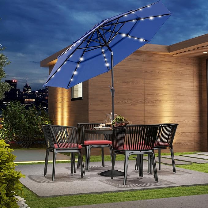 DUMOS LED Outdoor Patio Umbrella 10 FT UV-Resistant Market Umbrella with Tilt Adjustment & Crank Lift, All-Weather Shade for Backyard, Deck, Garden, Beach