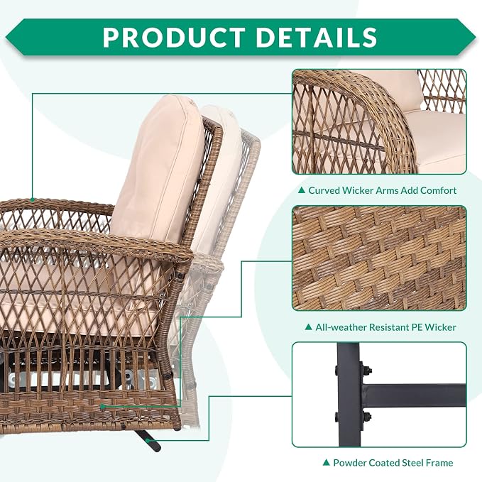VIVIJASON 5-Piece Outdoor Patio Wicker Conversation Sets, All Weather Outdoor Rattan Furniture Set Includes Glider Loveseat, 2 Coffee Table, 2 Glider Rocker Chairs with Cushions, Light Brown