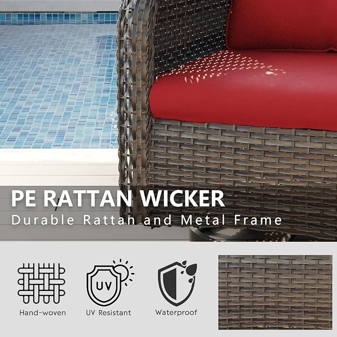 5 Piece Outdoor Patio Furniture Set Wicker Conversation Bistro Set Swivel Rocking Chairs with Side Table and Ottomans for Backyard, Porch, Deck(Mixed Grey/Red)