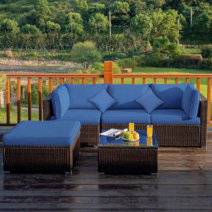 Tangkula 5 Pieces Patio Rattan Furniture Set, Outdoor Sectional Rattan Sofa Set with Back & Seat Cushions, Wicker Conversation Set with Tempered Glass Table for Backyard Porch Garden Poolside (Navy)