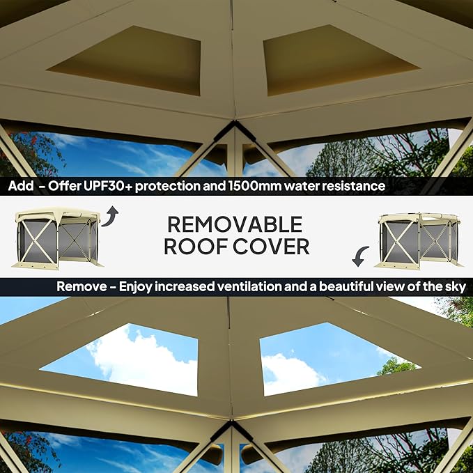Outsunny Pop Up Gazebo Screen Tent House, 11 x 11ft with UPF30+ Removable Roof Cover, 4 Roll-up Wind Panels and Carry Bag for Camping, Patio, Backyard, Lawn, Beige