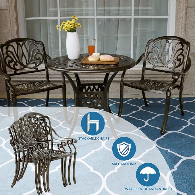 MEETWARM 2 Piece Patio Dining Chairs, Outdoor All-Weather Cast Aluminum Chairs, Patio Bistro Dining Chair Set of 2 for Garden Deck Backyard, Dark Bronze
