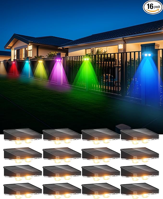 Solar Fence Lights 16 Pack, Outdoor IP65 Waterproof LED, RGB Fence Lights Solar Powered 7 Colors, for Wall, Patio, Deck, Backyard, Garden, Pool, Railing