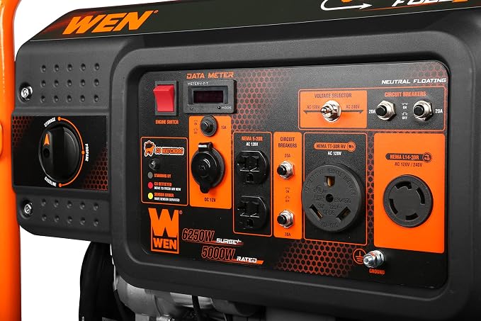 WEN DF623X 6250-Watt 120-Volt/240-Volt Dual Fuel Electric Start Portable Generator with Wheel Kit and CO Shutdown Sensor, Black