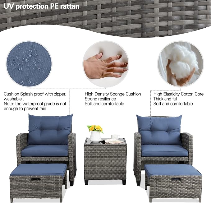 Vongrasig 5 Piece Patio Furniture Set, Small Balcony Furniture, PE Wicker Rattan Patio Chairs Set of 2, Outdoor Lounge Chairs with Cushions Ottomans &Glass Table for Porch Garden(Navy Blue)