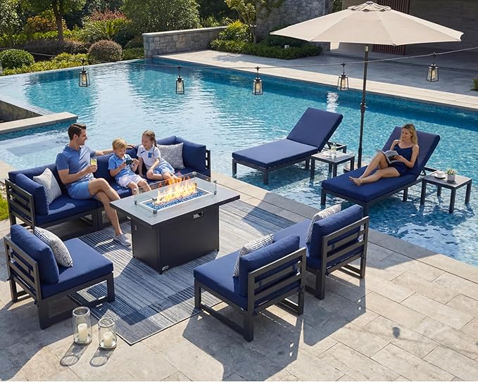 NICESOUL 11 Piece Large Modern Aluminum Patio Furniture Set, Water & Fade Resistant Modular Outdoor Conversation Set with Lounge, 500 lbs Heavy Duty Comfortable Sectional Sofa for Poolside, Navy Blue