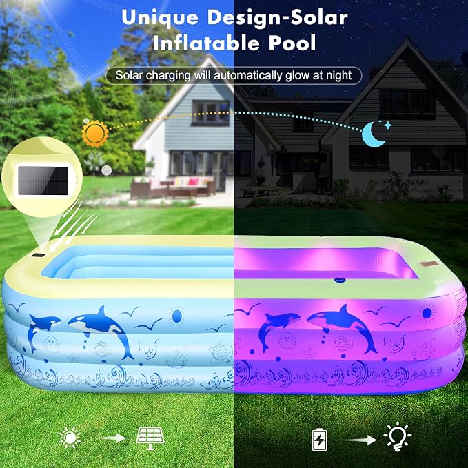 2026 Upgrade Inflatable Pools with Lights, Family Inflatable Swimming Pools for Adults, Blow Up Pool Solar, Large Pool, Durable Thickened Inflatable Family Pool for Backyard-Yellow