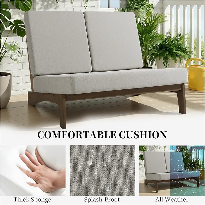 Outdoor Furniture Patio Couch, Weather Resistant Patio Loveseat Sofa Couch with Removable Cushion & Pillows, Teak Wood Frame for Porch & Backyard Seating - Light Camel