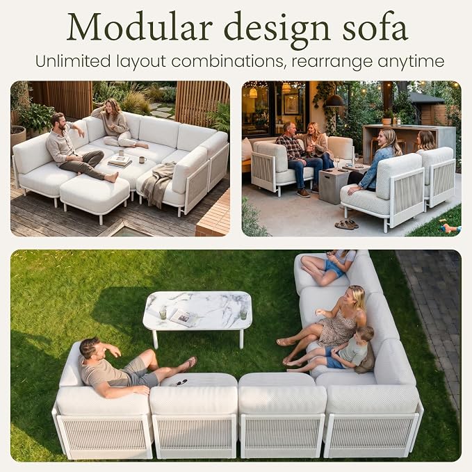 LayinSun 6 Pieces Patio Furniture Set, Modern Outdoor Modular Sectional Conversation Set L-Shaped Sofa with 7-inch Cushion for Garden Backyard Deck