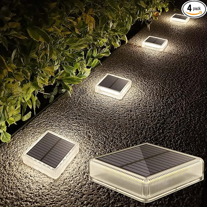 Lacasa Solar Deck Lights Outdoor Waterproof LED, Step Lights Solar Powered Driveway Dock Lights Marine, White 4000K, Dusk to Dawn, for Garden Steps Yard Patio Pathway, Square, 4 Pack