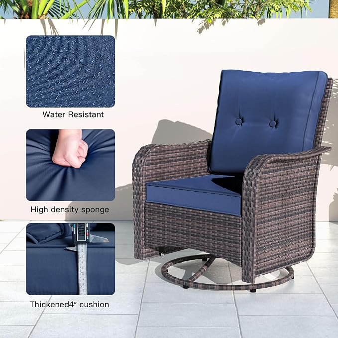 Kullavik 10PCS Outdoor Patio Furniture Set,PE Wicker Rattan Sectional Sofa Patio Conversation Sets with Tempered Glass Table,Swivel Rocking Chairs Set,Navy Blue