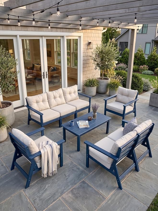 2 Seat HDPE Patio Conversation Set with Coffee Table, Outdoor Chairs Set | Water-Resistant Thick Cushion, HDPE All Weather, Wood-Grain, No Rot or Rust or Crack, UV Fade Shield, Easy-Clean for Outside