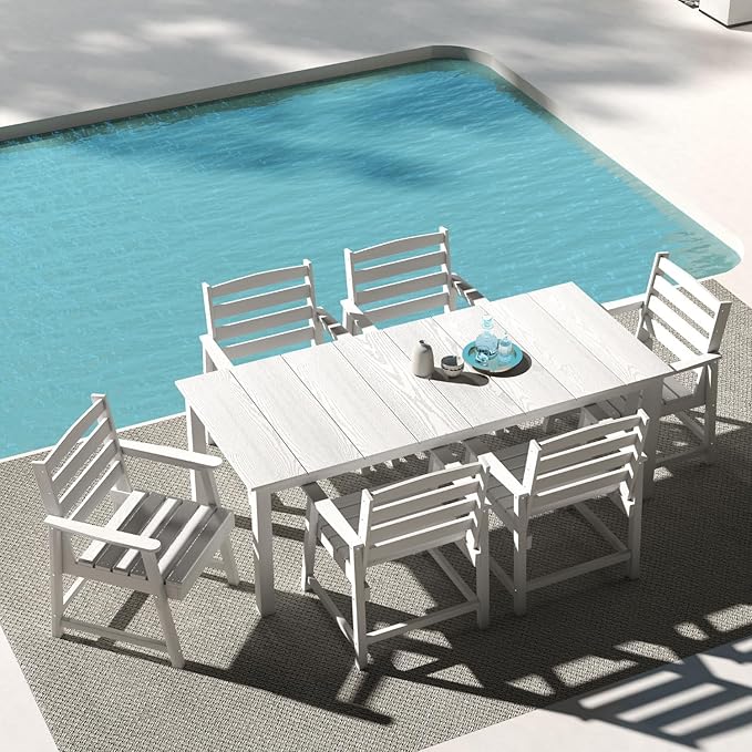 7-Piece Outdoor Dining Set for 6, 75.2" HDPE Patio Table with Umbrella Hole & 6 Chairs, Weather-Resistant Wood-Look Patio Furniture for Garden, Lawn, Deck, or Poolside (White)