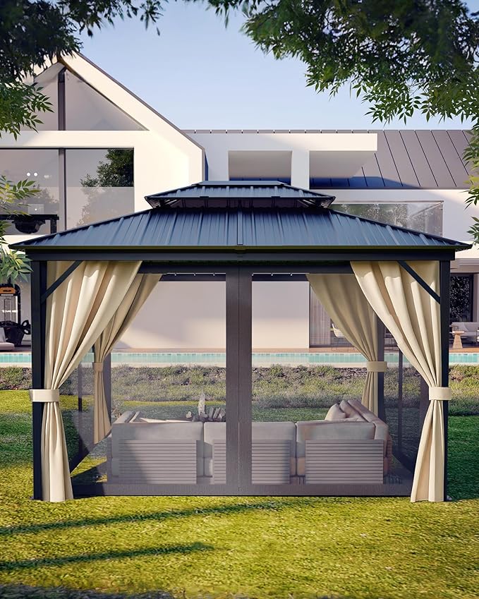 GarveeLife 10 ft x12 ft Hardtop Gazebo for All Weather, with Double Metal Roof, Aluminum Alloy Frame, Net, and Curtain, Permanent Building for Patio, Deck, Backyard, Lawn, and Garden