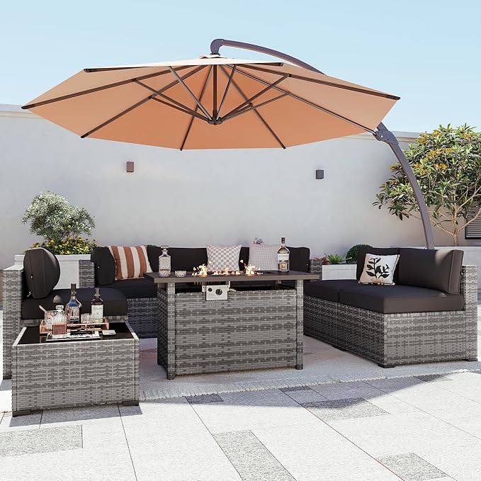 Aoxun Patio Furniture Sets, 9-Piece Outdoor Patio Furniture with 44'' Propane Gas Firepit Table and 11FT X 11FT Cantilever Umbrella, Wicker Outdoor Conversation Set for Backyard