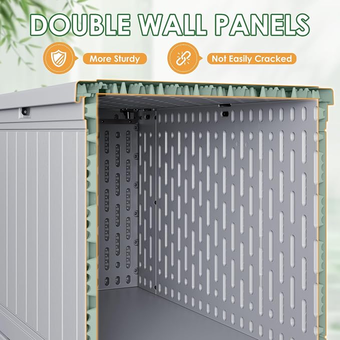 Devoko 260 Gallon Double-Wall Deck Box with Divider, Side Handles, Resin Outdoor Large Storage Box Waterproof and Lockable for Patio Furniture, Garden, Pool (Grey, 260 Gallon)