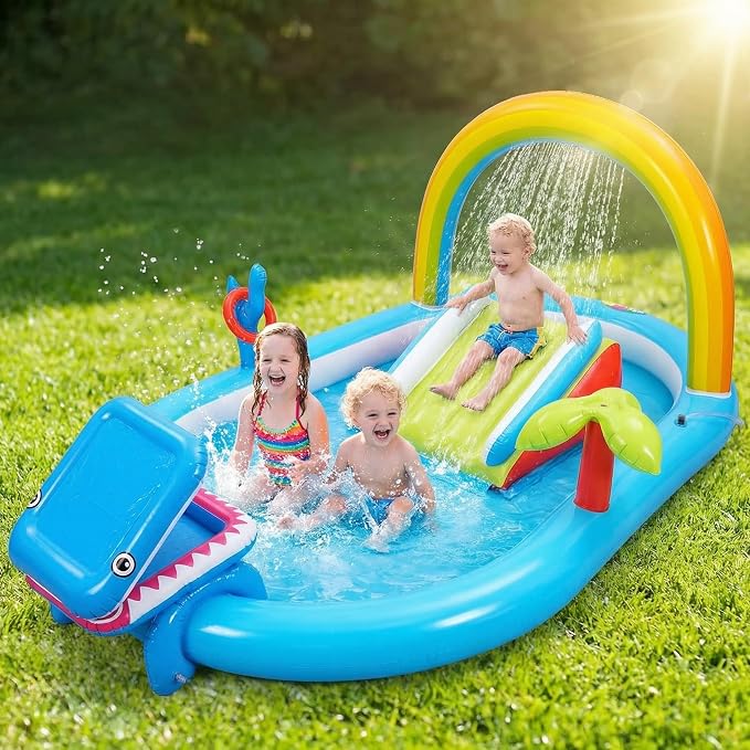 Whubefy Inflatable Kids Play Center Outdoor/Indoor 98 × 64 × 39 in Kid Pool Slide, with Water Sprayer, Waterfall, and Ocean Ball, Multicolor (with Blower)