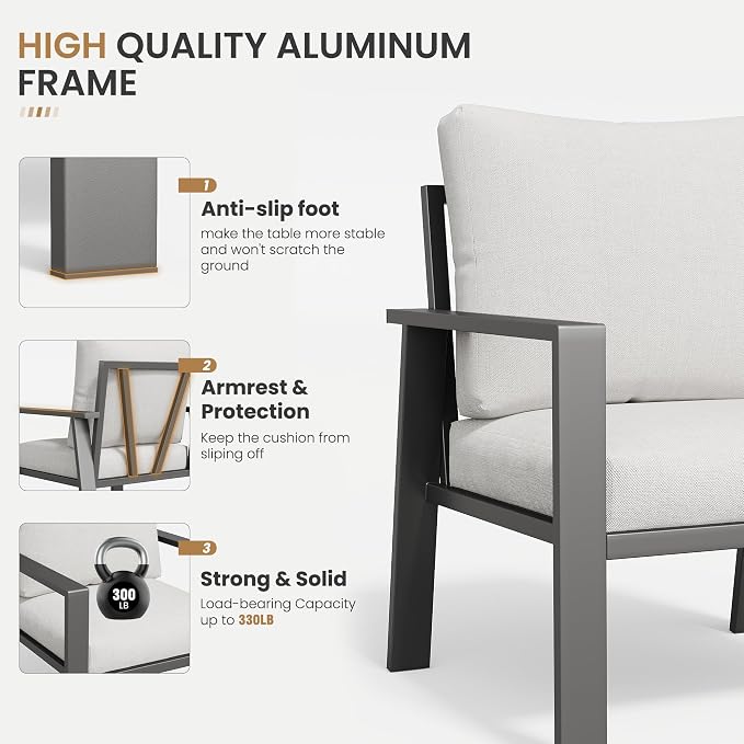 Aluminum Patio Furniture Sets 7 Seat All-Weather Outdoor Furniture Set with Coffee Table & Cushions with Removable Covers for for Backyard, Garden and Poolside Easy Assembly