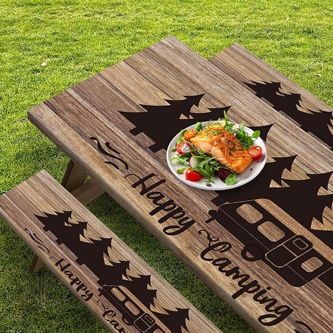 Picnic Table Cover with Bench Covers Elastic Edges, Wooden Camper Fitted Table Cover, Outdoor Patio Camping Essentials 96 Inch 3PCS, Waterproof Camping Fitted Tablecloth with Drawstring Bag