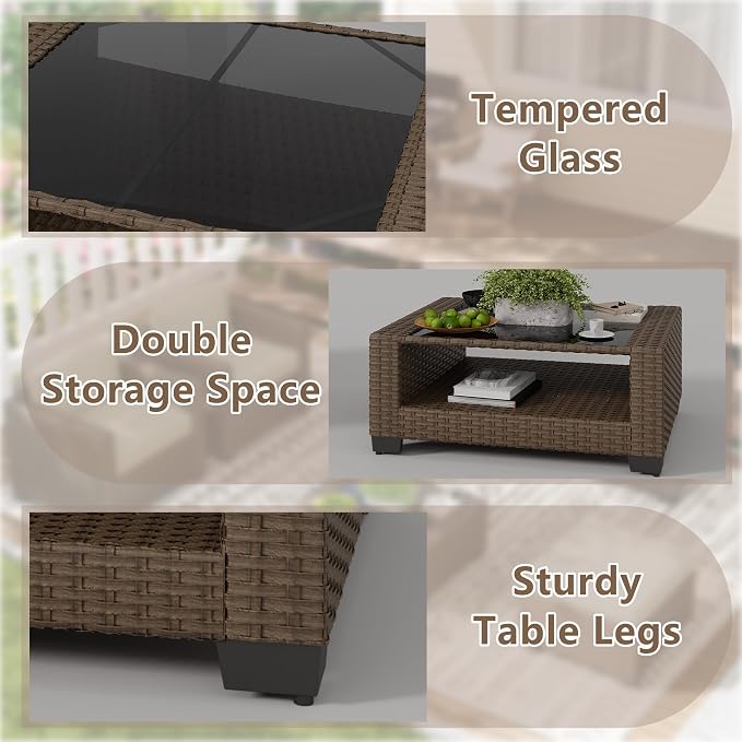 LOUVIXA 7 Piece Outdoor Patio Furniture Set, Rattan Chairs Glass Table Wicker Conversation Seating Sectional Sofa with Cushions (Brown-Navy, 7Pcs-2 Layer Coffee Table)