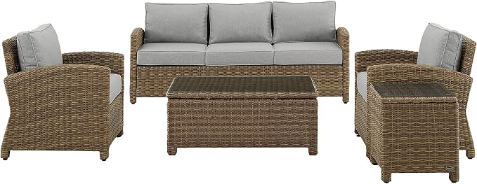 Crosley Furniture Bradenton 5-Piece Outdoor Sofa Patio Furniture Set, Wicker Conversation Sets for Porch, Brown with Gray Cushions