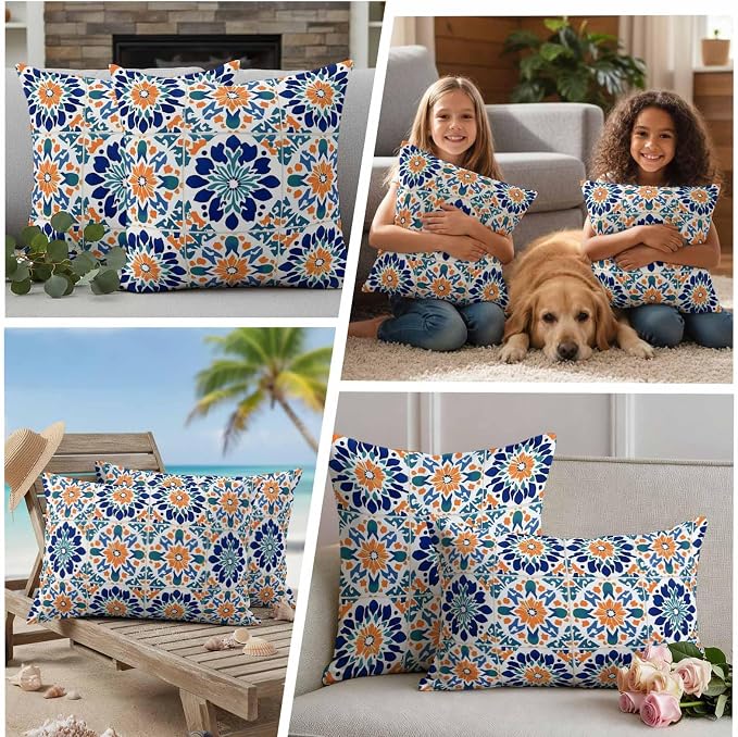 Retro Abstract Geometric Outdoor Pillow Covers Set of 2 Orange Blue Floral Texture Waterproof Throw Pillow Cover Decorative Cushion Cases for Patio Porch Garden 20X12 Inch