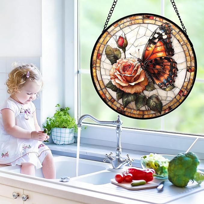 DASTOLL Stained Glass Window Hanging, Butterfly Picking Flowers Suncatcher for Doors Home Sun Catchers Decoration and Christmas, Mother's Day Birthday Gifts for Women, Men, and Mom 7.8 in