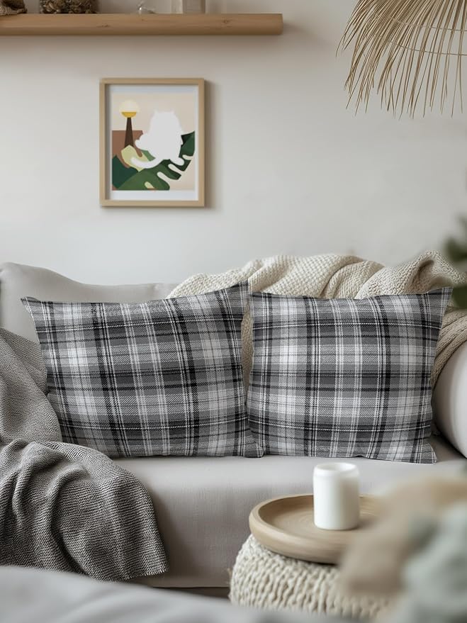 Waterproof Outdoor Pillow Set of 2 Gray Checked Plaid Decorative Throw Pillows Cover & Insert 18x18 Inch Pillowcase Stripes Woven Grid Square Pillows for Couch Sofa Bed Patio Furniture Indoor Outdoor