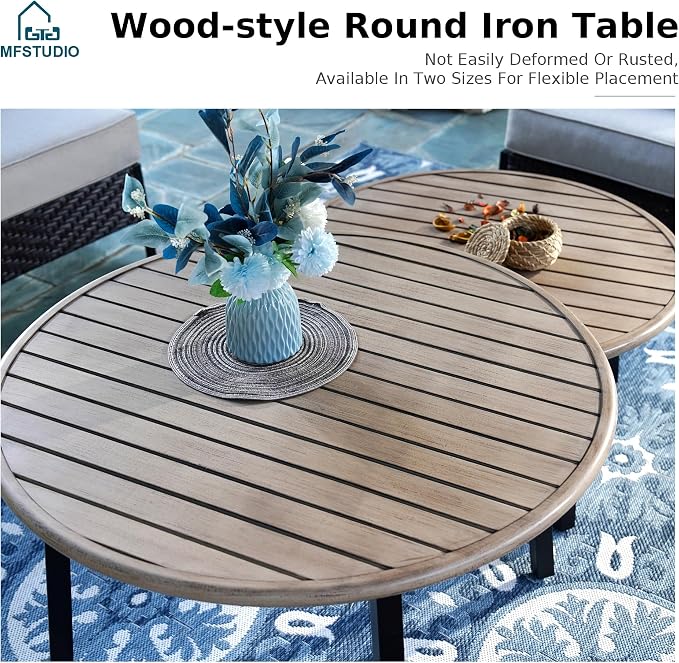 MFSTUDIO Patio Furniture Set, 6 Seats Half-Moon Curved Outdoor Sectional Sofa Conversation Set with 2 Wood-Like Round Table, Woven Rattan Patio Couch for Backyard, Garden, Deck