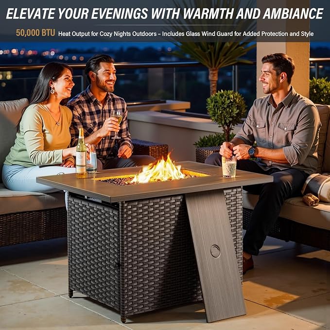 Belord Luxurious 7 Piece Patio Furniture Set with Fire Pit Table, High Back Swivel Rocker Glider Outdoor Chairs with 6" Cushion, All-Weather Patio Conversation Set for Yard Garden Brown Wicker
