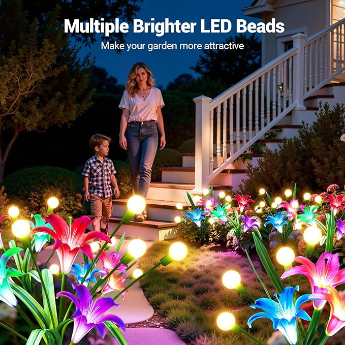 WdtPro Upgraded Solar Lights Outdoor Garden Decor: 4 Pack Solar Firefly Swaying Light with Color Changing LED Lily, Waterproof Decorative Flowers for Yard Patio Pathway Lawn, Gardening Gifts for Women