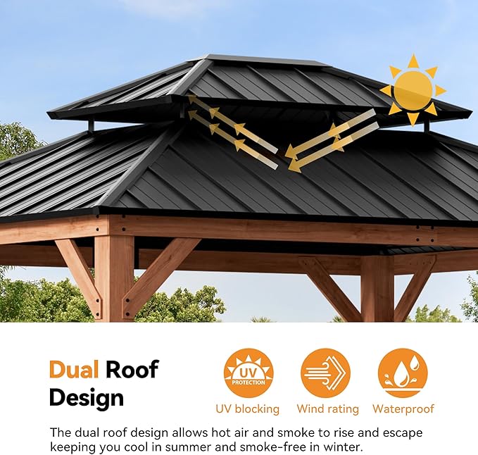 Modern Shade Rosewood Wood Gazebo 10' x 12', Permanent Hardtop Gazebo with Double Galvanized Steel Roof, Mosquito Netting and Yard-Dyed Curtains, Cedar Outdoor Gazebo with Sturdy Hooks for Backyard
