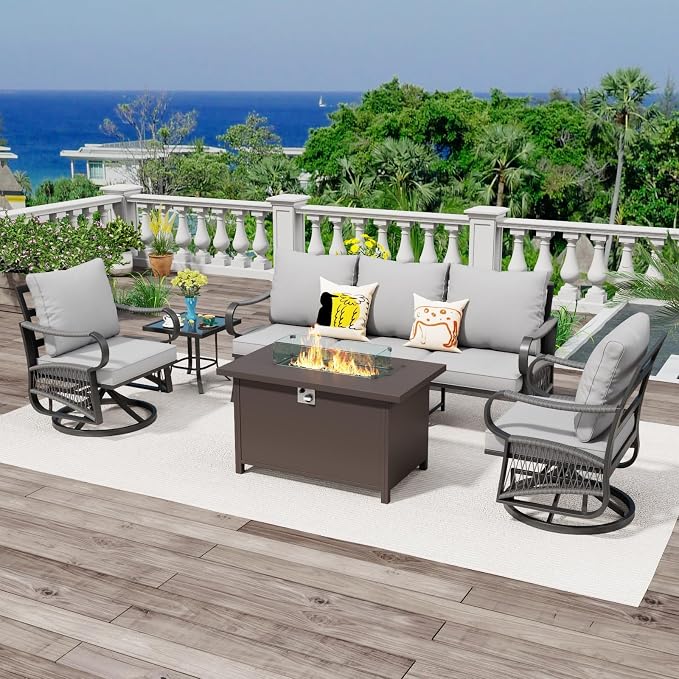5 Piece Patio Furniture Set with 50000 BTU Propane Fire Pit Table, All Weather Outdoor Conversation Set with 2 Swivel Chairs, Sofa and Thick Cushions for Garden, Porch, Lawn, Grey