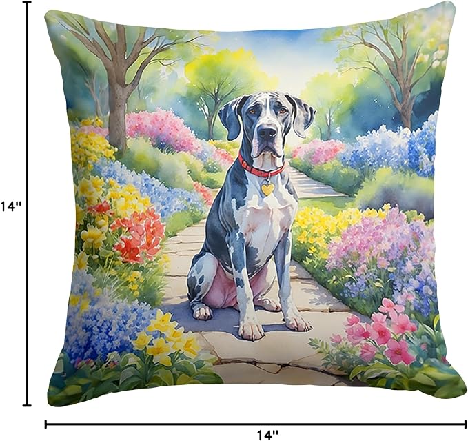 Caroline's Treasures Great Dane Spring Path Throw Pillow Machine Washable, Indoor Outdoor Decorative Pillow for Couch, Bed or Patio, 14Hx14W