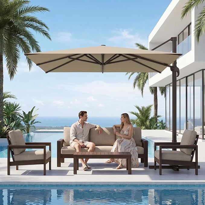 Kingdura 10x10 FT Cantilever Patio Umbrella with Base Included, Large Square Offset Outdoor Pool Umbrella, 360° Rotation & Infinite Tilt, Heavy Duty Aluminum Frame for Deck Backyard, Beige
