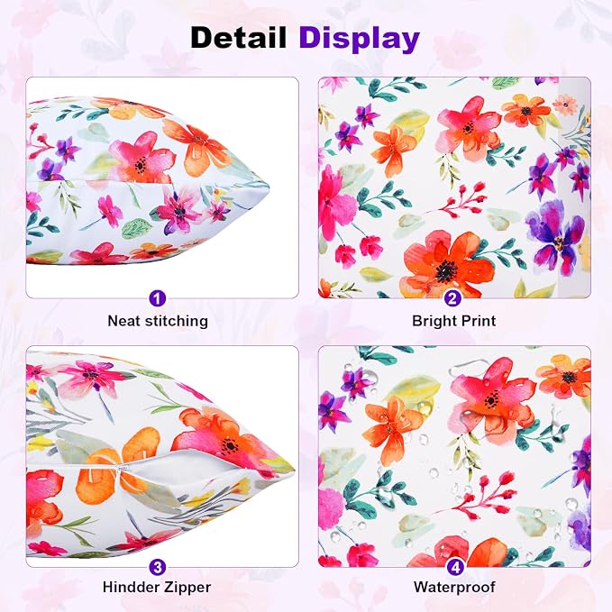 SquarePie Outdoor Pillow Covers 18x18 Inch Set of 2 - Waterproof Colorful Flowers Cushion Covers for Patio Garden Furniture, Watercolor Bloom Floral Decorative Throw Pillow Cases for Couch Sofa Bench
