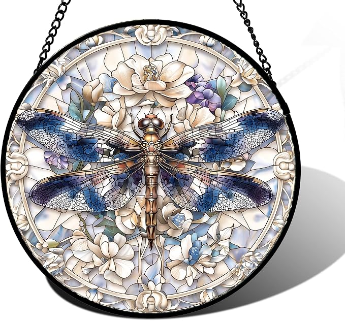 DASTOLL Stained Glass Window Hanging, Dragonfly Flower Suncatcher for Doors Home Sun Catchers Decoration and Christmas, Mother's Day Birthday Gifts for Women, Men, and Mom 7.8 in