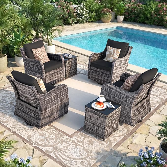 MEISSALIVVE Outdoor Patio Furniture Set with Swivel Chair, 6 Pieces Patio Conversation Set, Patio Sectional Furniture Set with 4 Swivel Rocker Patio Chair and 2 Side Table (Black)