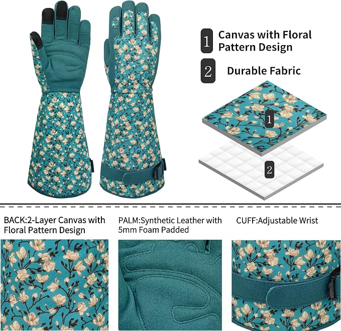 Thornproof Gardening Gloves,Garden Glove for Rose Picking,Gifts | Durable Canvas with Cute Floral Pattern,Synthetic Leather,Touchscreen,Gardening Gifts for Men&Women,Digging,Weeding,Pruning